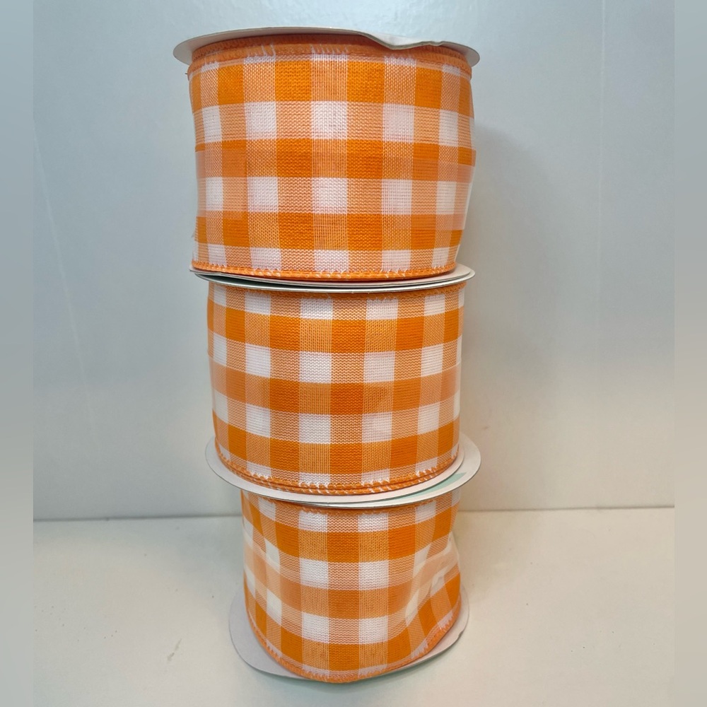 Lot of 3 : Wired Ribbon Spring Orange Plaid, Easter Ribbon, Checkered Ribbon